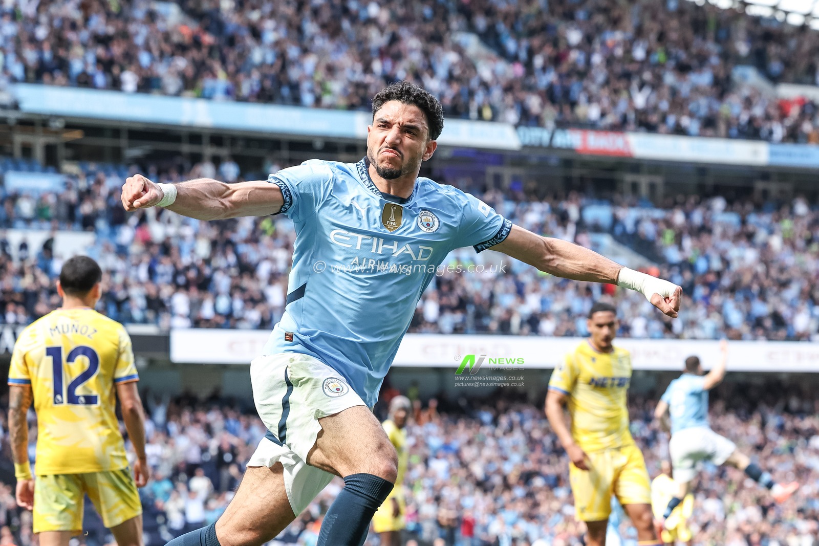 Omar Marmoush of Manchester City celebrates his goal to make it 2-2 during the Premier League match Manchester City vs Crystal Palace at Etihad Stadium, Manchester, United Kingdom, 12th April 2025

(Photo by Mark Cosgrove/News Images)