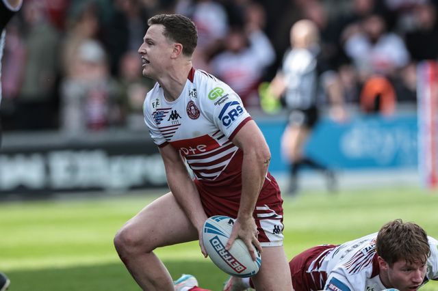 Jai Field of Wigan Warriors celebrates his try during the Betfred Challenge Cup Quarter Final match Wakefield Trinity vs Wigan Warriors at DIY Kitchens Stadium, Wakefield, United Kingdom on 12 April 2026

(Photo by Mark Cosgrove/News Images)