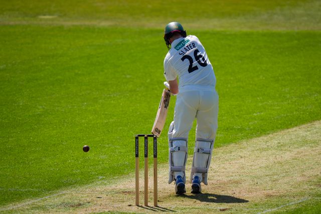 Ben Slater of Nottinghamshire runs the ball down to third to reach 50 runs as he reaches huis half century during Leicestershire County Cricket Club vs Nottinghamshire County Cricket Club in Country Cricket Division One Day 1 at Grace Road, Leicester, United Kingdom on 01 May 2026

(Photo by Maynard Manyowa/News Images)