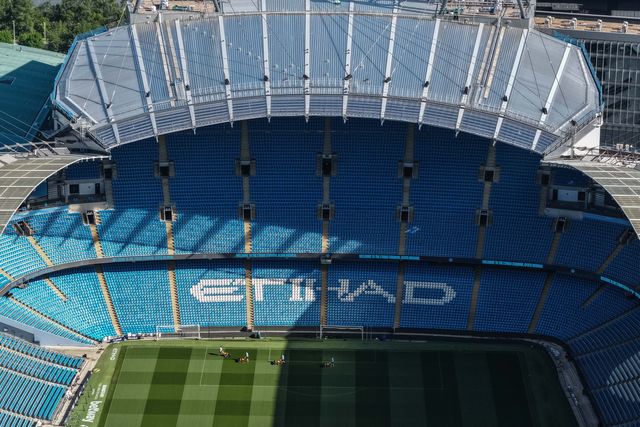 An aerial view op the Etihad Stadium and the new  Pep Guardiola Stand during the Premier League match Manchester City vs Aston Villa at Etihad Stadium, Manchester, United Kingdom on 24 May 2026

(Photo by Mark Cosgrove/News Images)