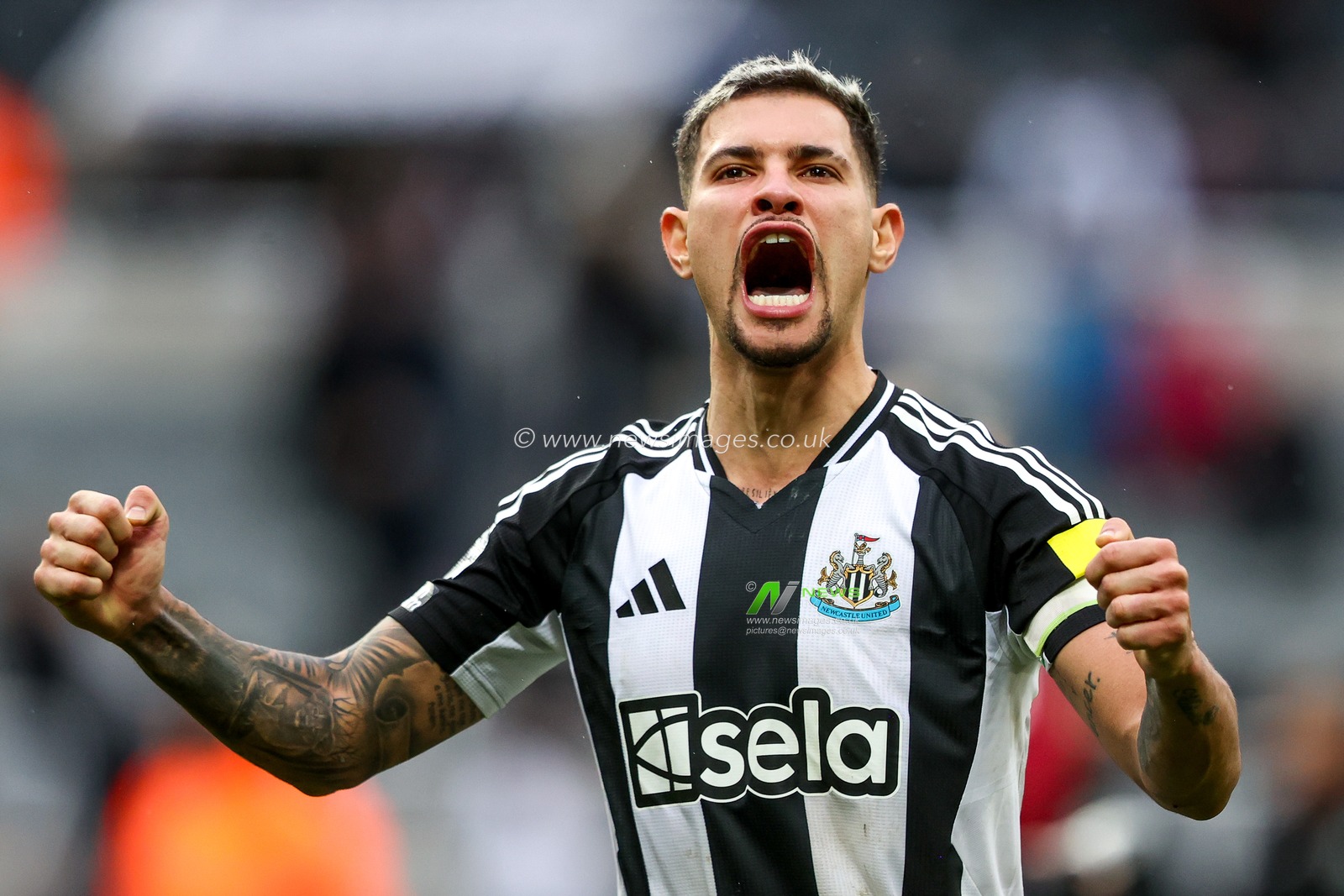 Bruno Guimaraes of Newcastle United celebrates with fans after the teams victory following the Premier League match Newcastle United vs Nottingham Forest at St. James's Park, Newcastle, United Kingdom, 23rd February 2025

(Photo by Alfie Cosgrove/News Images)