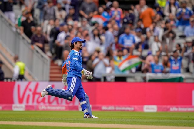 Ishan Kishan of India celebrates the wicket of Jos Buttler of England who clips the ball to mid wicket and is caught off the bowling of Arshdeep Singh of India during the Second Vitality T20 International match England vs India at Old Trafford, Manchester, United Kingdom on 04 July 2026

(Photo by Maynard Manyowa/News Images)