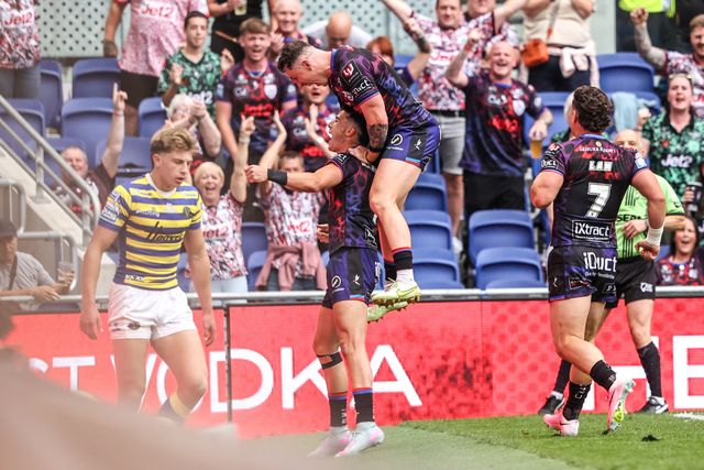 David Armstrong of Leigh Leopards celebrates his try during the Betfred Super League Magic Weekend match Leigh Leopards vs Warrington Wolves at Leigh Sports Village, Leigh, United Kingdom on 04 July 2026

(Photo by Alfie Cosgrove/News Images)