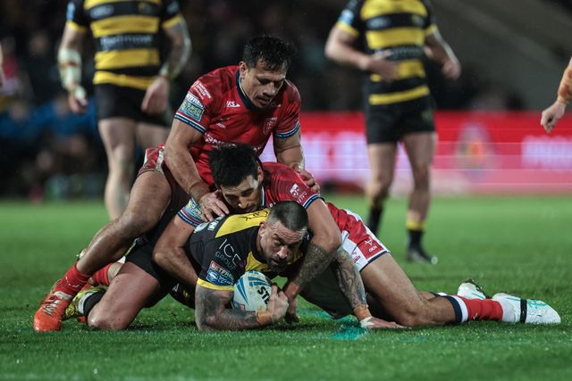 Paul Vaughan of York Knights is tackled by Tyrone May of Hull KR during the Betfred Super League Round 1 match York Knights vs Hull KR at LNER Community Stadium, Lincoln, United Kingdom on 12 February 2026

(Photo by Mark Cosgrove/News Images)