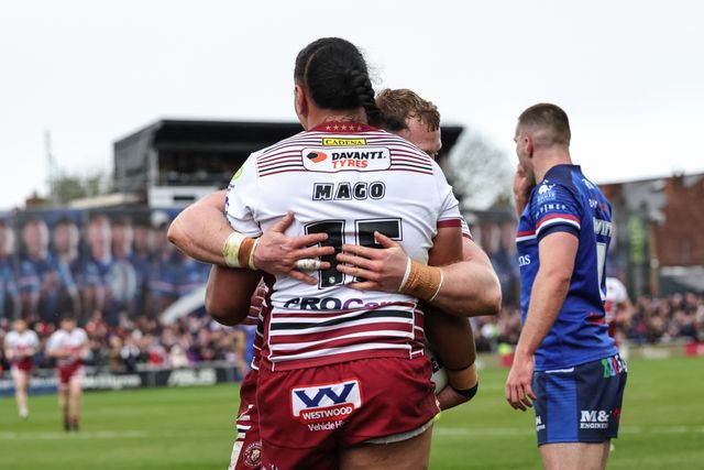Patrick Mago of Wigan Warriors celebrates his try during the Betfred Challenge Cup Quarter Final match Wakefield Trinity vs Wigan Warriors at DIY Kitchens Stadium, Wakefield, United Kingdom on 12 April 2026

(Photo by Mark Cosgrove/News Images)