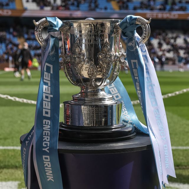 Manchester City have the Carabao Cup on display during the Emirates FA Cup Quarter-Final match Manchester City vs Liverpool at Etihad Stadium, Manchester, United Kingdom on 04 April 2026

(Photo by Mark Cosgrove/News Images)