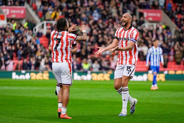 Sorba Thomas of Stoke City and Steven Nzonzi of Stoke City celebrate Jesurun Rak-Sakyi of Stoke City scoring a goal to make it  1-0 during the Sky Bet Championship match Stoke City vs Sheffield Wednesday at Bet365 Stadium, Stoke On Trent, United Kingdom on 03 April 2026

(Photo by Maynard Manyowa/News Images)