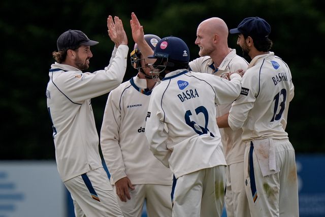 Zak Chappell of Derbyshire celebrates taking a wicket during the County Championship Division Two Derbyshire vs Northamptonshire day four match at The Central Co-Op County Ground, Derby, United Kingdom on 11 May 2026

(Photo by Maynard Manyowa/News Images)