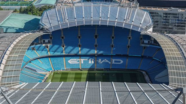 An aerial view op the Etihad Stadium and the new  Pep Guardiola Stand during the Premier League match Manchester City vs Aston Villa at Etihad Stadium, Manchester, United Kingdom on 24 May 2026

(Photo by Mark Cosgrove/News Images)