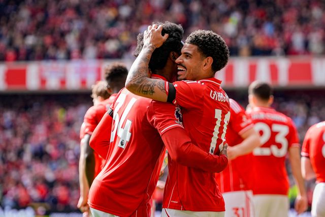 Morgan Gibbs-White of Nottingham Forest celebrates his goal to make it  3-1 with ,Ola Aina during the Premier League match Nottingham Forest vs Burnley at City Ground, Nottingham, United Kingdom on 19 April 2026

(Photo by Maynard Manyowa/News Images)