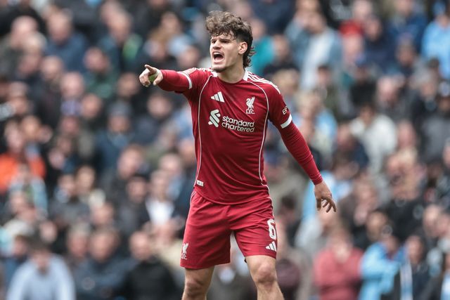 Milos Kerkez of Liverpool reacts during the Emirates FA Cup Quarter-Final match Manchester City vs Liverpool at Etihad Stadium, Manchester, United Kingdom on 04 April 2026

(Photo by Mark Cosgrove/News Images)