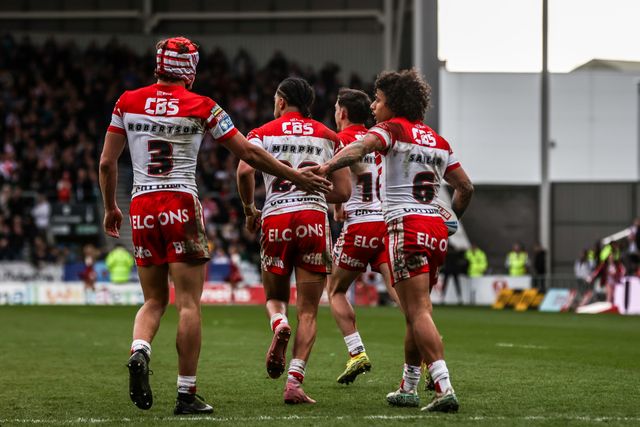 Tristan Sailor of St Helens celebrates his try during the Betfred Super League round 7 match St Helens vs Wigan Warriors at The BrewDog Stadium, St Helens, United Kingdom on 03 April 2026

(Photo by Alfie Cosgrove/News Images)