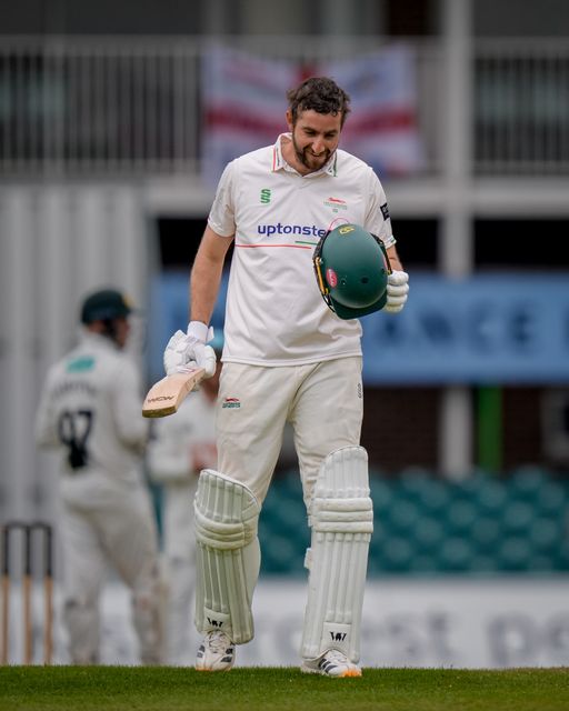 Stephen Eskinazi celebrates scoring his 100 as he reaches a century during the County Championship Division One day 3 Leicestershire vs Nottinghamshire at Grace Road, Leicester, United Kingdom on 03 May 2026

(Photo by Maynard Manyowa/News Images)