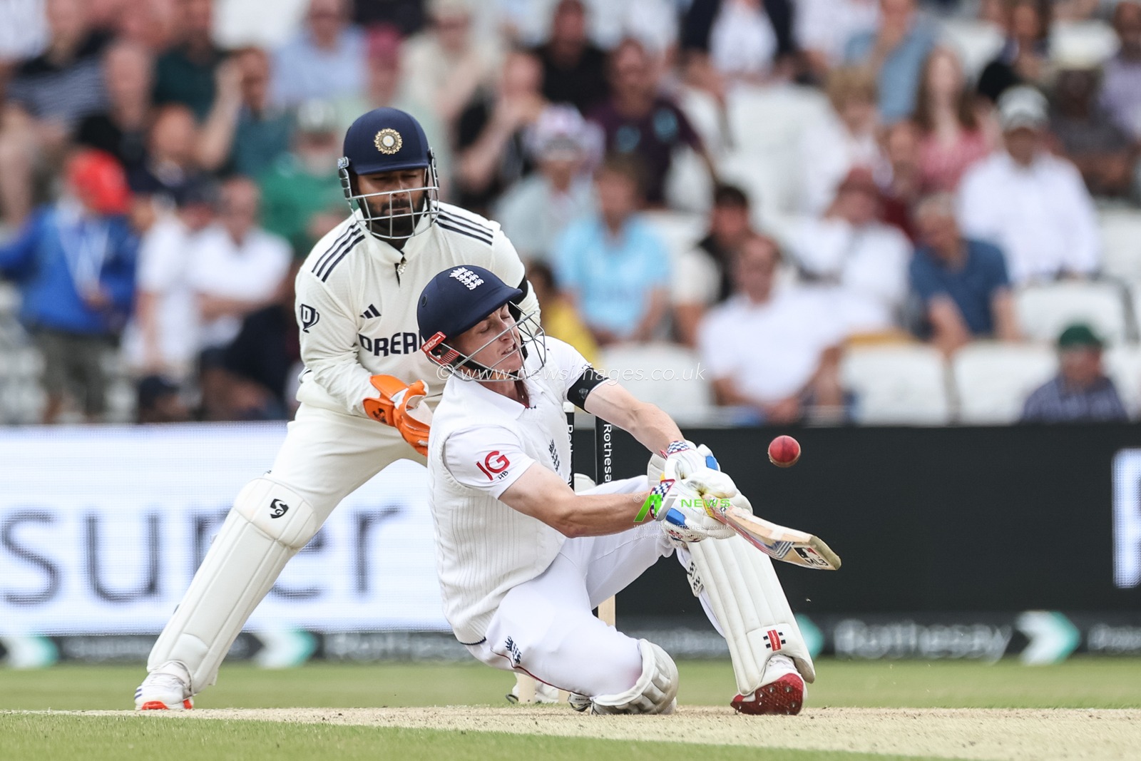 Harry Brook of England drops to the floor and sweeps the ball over his head and onto the boundary for a four during the 1st Rothesay Test Match, Day 3 England vs India at Headingley Cricket Ground, Leeds, United Kingdom, 22nd June 2025

(Photo by Mark Cosgrove/News Images)