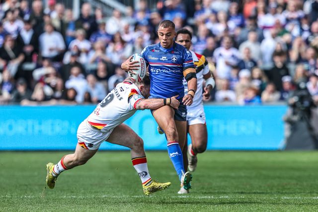 Corey Hall of Wakefield Trinity is tackled by Andy Ackers of Bradford Bulls during the Betfred Super League round 8 match Wakefield Trinity vs Bradford Bulls at DIY Kitchens Stadium, Wakefield, United Kingdom on 18 April 2026

(Photo by Alfie Cosgrove/News Images)