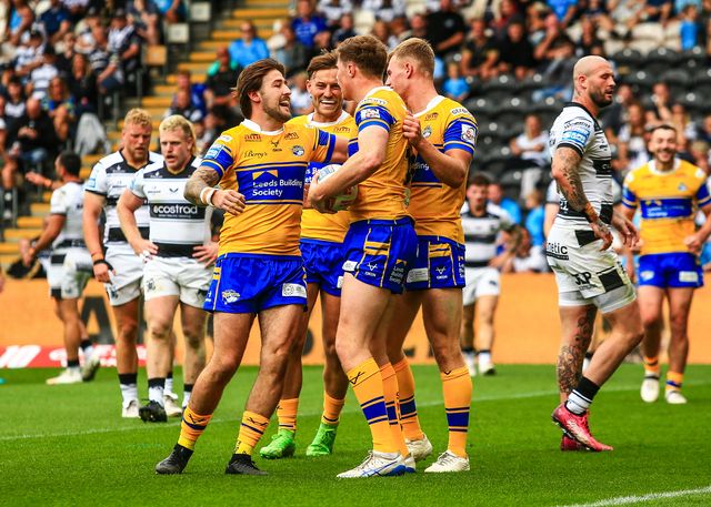Morgan Gannon of Leeds Rhinos celebrates his try  during the Betfred Super League Round 24 match Hull FC vs Leeds Rhinos at MKM Stadium, Hull, United Kingdom, 30th August 2025

(Photo by Richard Bierton/News Images)