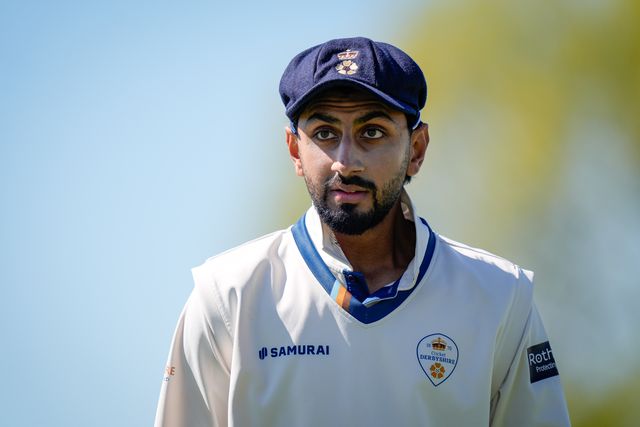 Shoaib Bashir of Derbyshire during the County Championship Division Two Derbyshire vs Gloucestershire at The Central Co-Op County Ground, Derby, United Kingdom on 24 April 2026

(Photo by Maynard Manyowa/News Images)