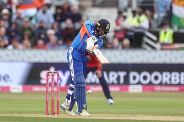 Abhishek Sharma of India is bowled out by LBW by Sam Curran of England during the First Vitality T20 International match England vs India at Banks Homes Riverside Stadium, Chester-le-street, United Kingdom on 01 July 2026

(Photo by Mark Cosgrove/News Images)