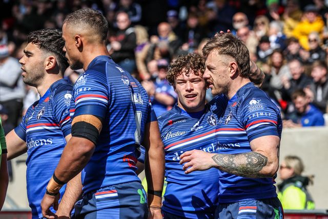 Tom Johnstone of Wakefield Trinity celebrates his try during the Betfred Super League round 8 match Wakefield Trinity vs Bradford Bulls at DIY Kitchens Stadium, Wakefield, United Kingdom on 18 April 2026

(Photo by Alfie Cosgrove/News Images)
