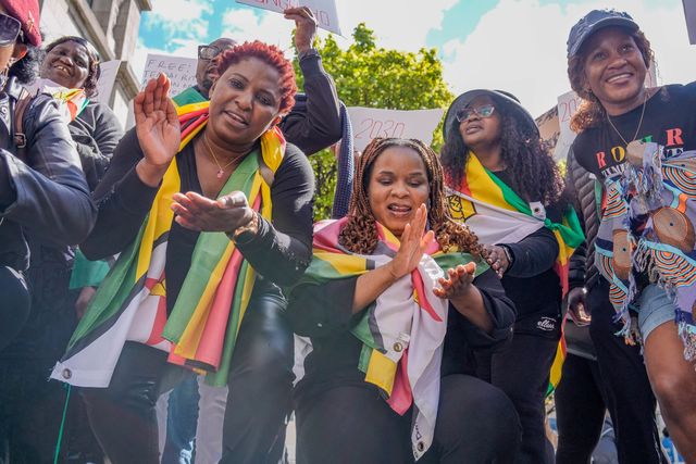 UK-based Zimbabweans gather outside the Zimbabwe Embassy in London on 18 April 2026 to protest the Constitution of Zimbabwe Amendment (No. 3) Bill, which critics say would extend President Mnangagwa’s rule until 2030 and strip citizens of the direct vote for president.

(Photo by Maynard Manyowa/News Images)