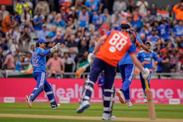Ishan Kishan of India celebrates the wicket of Jos Buttler of England who clips the ball to mid wicket and is caught off the bowling of Arshdeep Singh of India during the Second Vitality T20 International match England vs India at Old Trafford, Manchester, United Kingdom on 04 July 2026

(Photo by Maynard Manyowa/News Images)