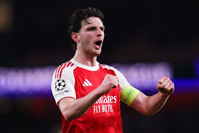 Declan Rice of Arsenal celebrates qualifying for the Uefa champions league semi finals during the UEFA Champions League Quarter Finals match Arsenal vs Sporting CP at Arsenal stadium, London, United Kingdom on 15 April 2026

(Photo by Harvey Murphy/News Images)
