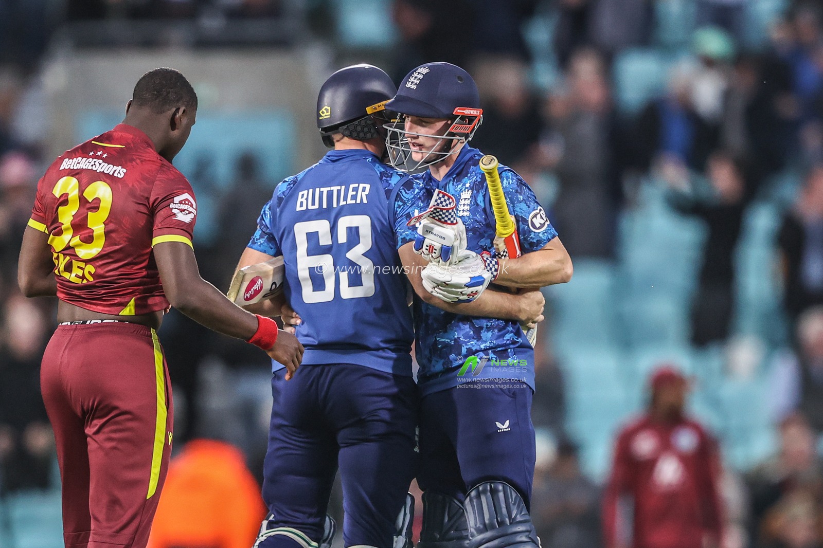 Jos Buttler of England and Harry Brook of England celebrate the win during the 3rd Metro Bank ODI England v West Indies at The Kia Oval, London, United Kingdom, 3rd June 2025

(Photo by Alfie Cosgrove/News Images)