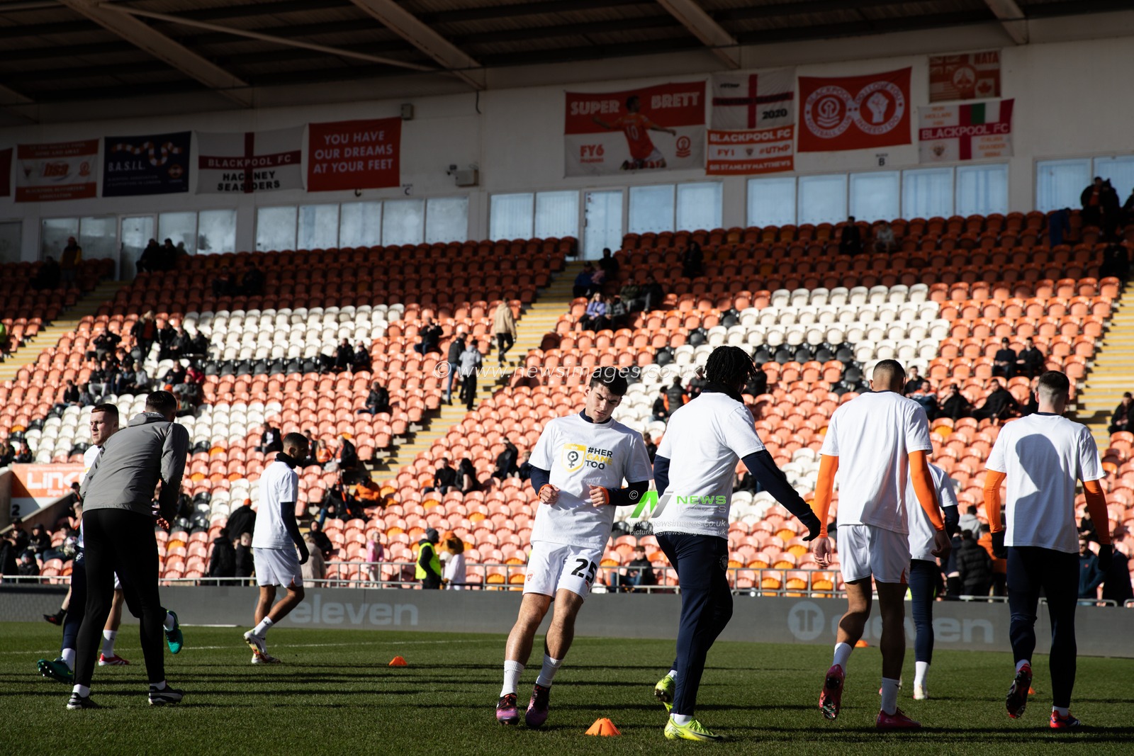 Blackpool players during the pre-game warm up ahead of the Sky Bet League 1 match Blackpool vs Crawley Town at Bloomfield Road, Blackpool, United Kingdom, 22nd February 2025

(Photo by Gareth Evans/News Images)