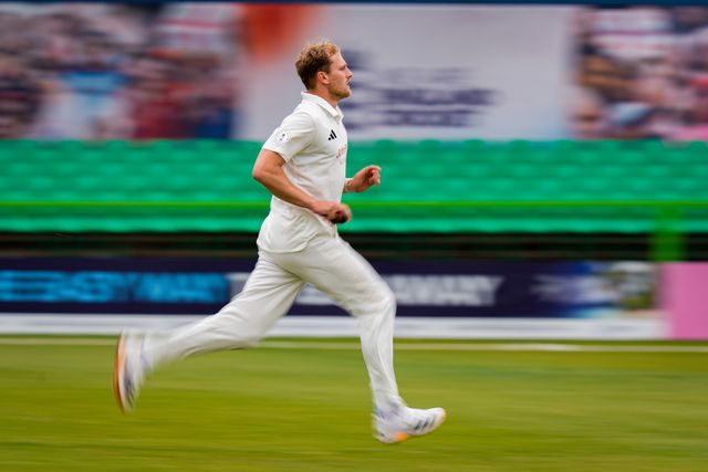 Dillon Pennington runs in to bowl during the County Championship Division One day 3 Leicestershire vs Nottinghamshire at Grace Road, Leicester, United Kingdom on 03 May 2026

(Photo by Maynard Manyowa/News Images)