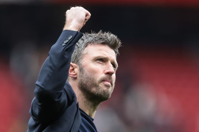 Michael Carrick manager of Manchester United celebrates the 3-2 win with the fans as they chant his name during the Premier League match Manchester United vs Liverpool at Old Trafford, Manchester, United Kingdom on 03 May 2026

(Photo by Mark Cosgrove/News Images)