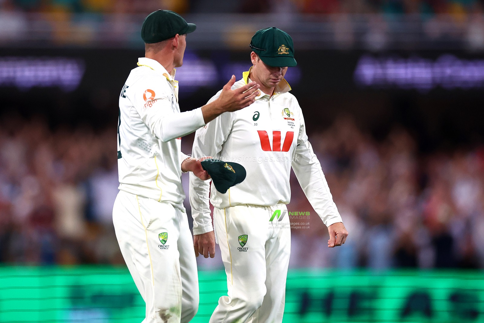 Marnus Labushchagne of Australia and Steve Smith of Australia are seen during the NRMA Insurance Ashes Second Test Day 1 Series match Australia vs England at The Gabba, Brisbane Cricket Ground, Brisbane, Australia, 4th December 2025

(Photo by Patrick Hoelscher/News Images)

*** GER AUT SUI OUT ***