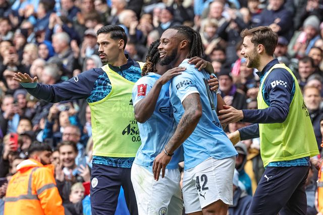 Antonie Semenyo of Manchester City celebrates his goal to make it 3-0 during the Emirates FA Cup Quarter-Final match Manchester City vs Liverpool at Etihad Stadium, Manchester, United Kingdom on 04 April 2026

(Photo by Mark Cosgrove/News Images)