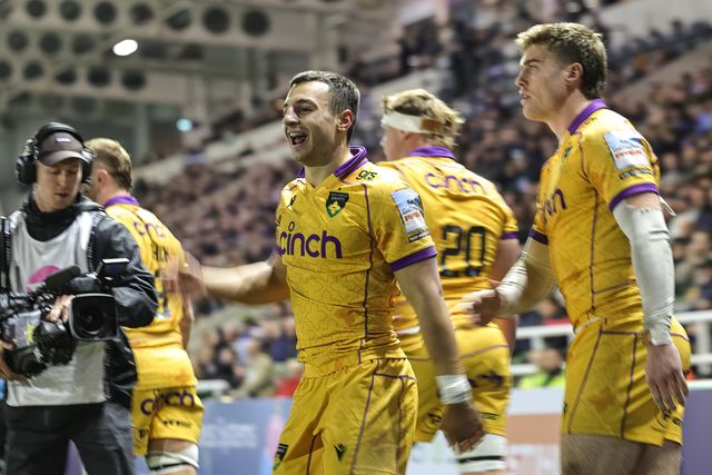 Edoardo Todaro of Northampton Saints celebrates his try during the Gallagher Premiership match Newcastle Red Bulls vs Northampton Saints at Kingston Park, Newcastle, United Kingdom, 17th October 2025

(Photo by Mark Cosgrove/News Images)