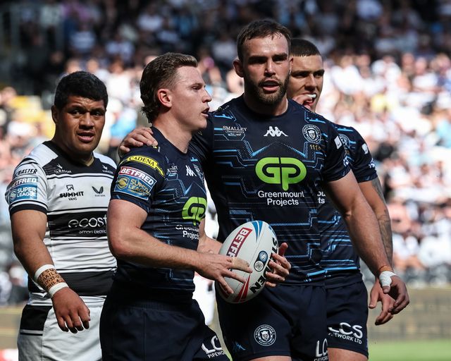 Jai Field of Wigan Warriors celebrates his try during the Betfred Super League Round 9 match Hull FC vs Wigan Warriors at MKM Stadium, Hull, United Kingdom, 27th April 2025

(Photo by Mark Cosgrove/News Images)