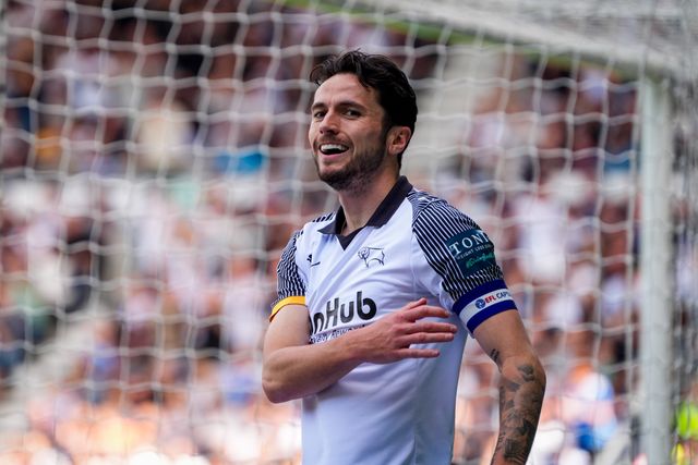 Lewis Travis of Derby County reacts after a missed chance on goal  during the Sky Bet Championship match Derby County vs Sheffield United at Pride Park Stadium, Derby, United Kingdom on 02 May 2026

(Photo by Maynard Manyowa/News Images)