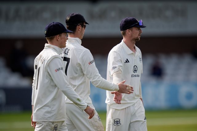 Oliver Price celebrates catching Zak Chappell off the bowling of Ed Middleton during the County Championship Division Two Derbyshire v Gloucestershire at The Central Co-Op County Ground, Derby, United Kingdom on 26 April 2026

(Photo by Maynard Manyowa/News Images)