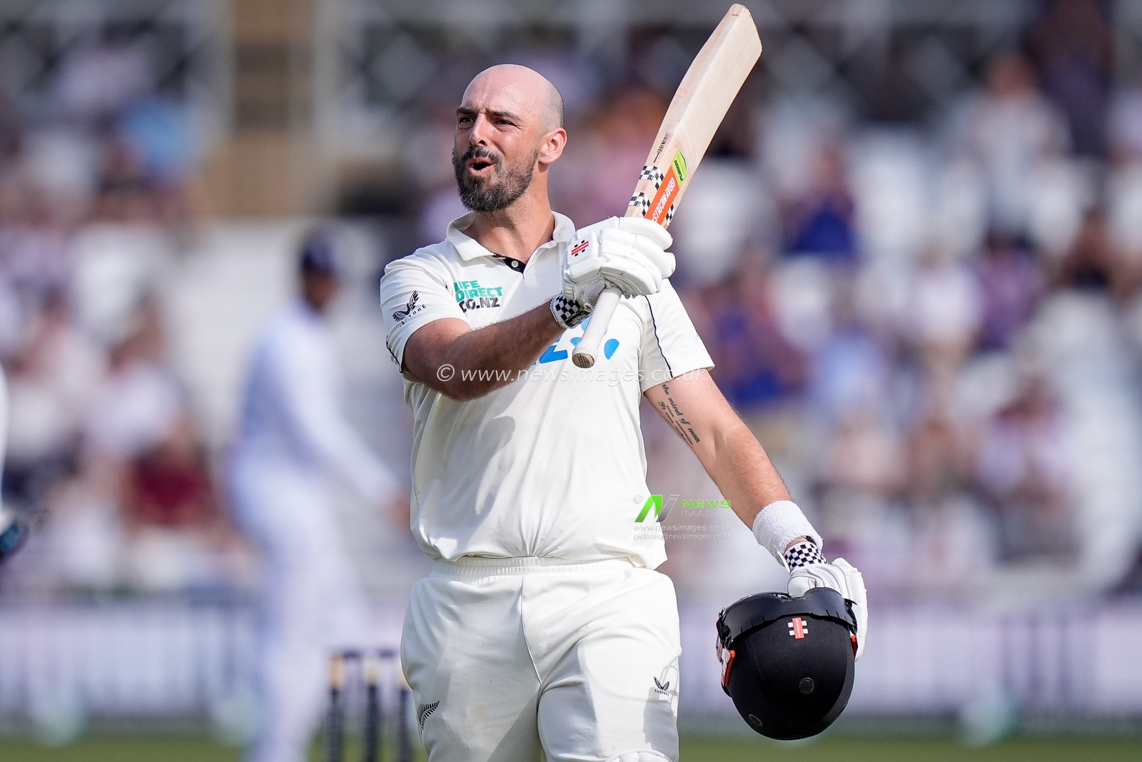 Daryl Mitchell of New Zealand celebrates scoring 100 runs as he reaches his century during the 3rd Rothesay Test Match Day 4 match England vs New Zealand at Trent Bridge, Nottingham, United Kingdom on 28 June 2026

(Photo by Maynard Manyowa/News Images)