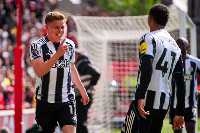 Harvey Barnes of Newcastle United celebrates his goal to make it  0-1 wth Jacob Ramsey of Newcastle United and Yoane Wissa of Newcastle United  during the Premier League match Nottingham Forest vs Newcastle Untied at City Ground, Nottingham, United Kingdom on 10 May 2026

(Photo by Maynard Manyowa/News Images)
