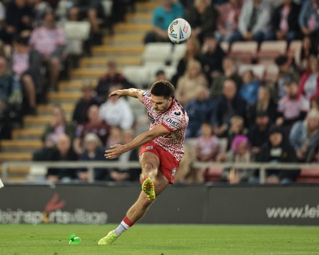Ben Mcnamara of Leigh Leopards converts for a goal during the Betfred Super League Round 23 match Leigh Leopards vs Salford Red Devils at Leigh Sports Village, Leigh, United Kingdom, 22nd August 2025

(Photo by Mark Cosgrove/News Images)