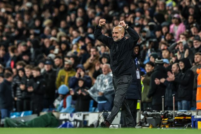 Josep Guardiola manager of Manchester City celebrates a goal from Savino of Manchester City making it 3-0 during the Premier League match Manchester City vs Crystal Palace at Etihad Stadium, Manchester, United Kingdom on 13 May 2026

(Photo by Mark Cosgrove/News Images)