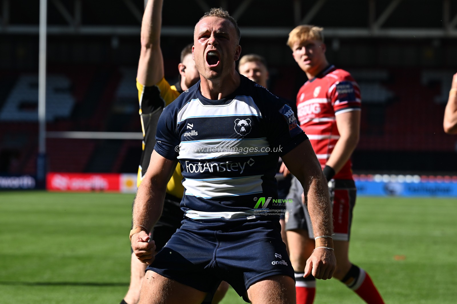James Williams of Bristol Bears celebrates his try during the Prem Rugby Cup match Bristol Bears vs Gloucester at Ashton Gate, Bristol, United Kingdom on 05 September 2026

(Photo by Alex Williamson/News Images)