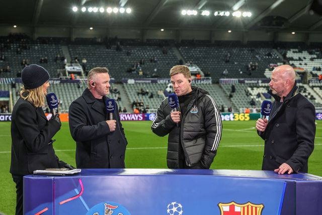 Eddie Howe manager of Newcastle United speaks to Gabby Logan, Wayne Rooney and Alan Shearer ahead of the UEFA Champions League Last 16 match Newcastle Untied vs Barcelona at St. James's Park, Newcastle, United Kingdom on 10 March 2026

(Photo by Mark Cosgrove/News Images)