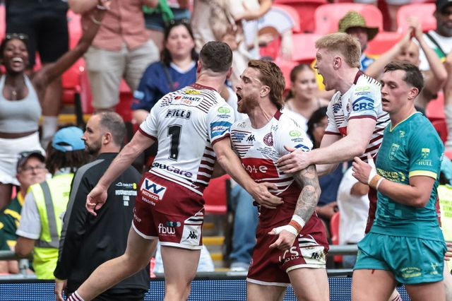 Adam Keighran of Wigan Warriors celebrates his try during the Betfred Challenge Cup Final match Wigan Warriors vs Hull KR at Wembley Stadium, London, United Kingdom on 30 May 2026

(Photo by Mark Cosgrove/News Images)