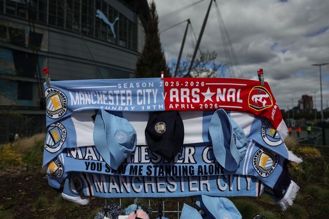 Manchester City v Arsenal scarfs on sale during the Premier League match Manchester City vs Arsenal at Etihad Stadium, Manchester, United Kingdom on 19 April 2026

(Photo by Mark Cosgrove/News Images)