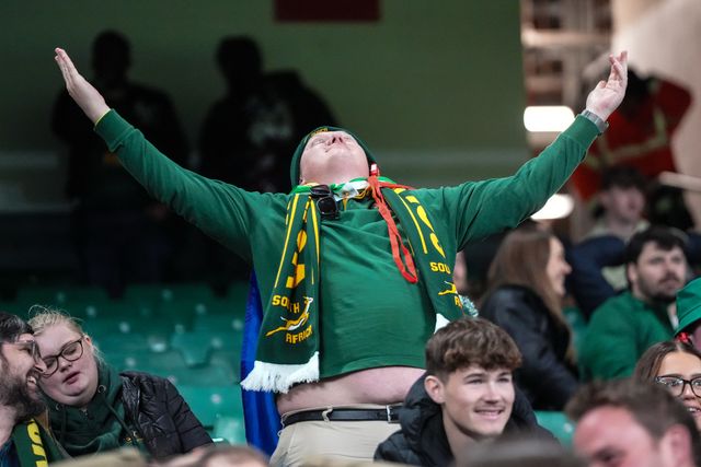 South African fans celebrate during the Quilter Nations Series 2025 match Wales vs South Africa at Principality Stadium, Cardiff, United Kingdom, 29th November 2025

(Photo by Andrew Lewis/News Images)

*** GER AUT SUI OUT ***