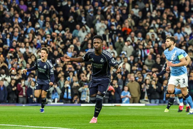 Vinicius Junior of Real Madrid celebrates his goal to make it 0-1 during the UEFA Champions League last 16 second leg match Manchester City vs Real Madrid at The City of Manchester Stadium, Manchester, United Kingdom on 17 March 2026

(Photo by Mark Cosgrove/News Images)