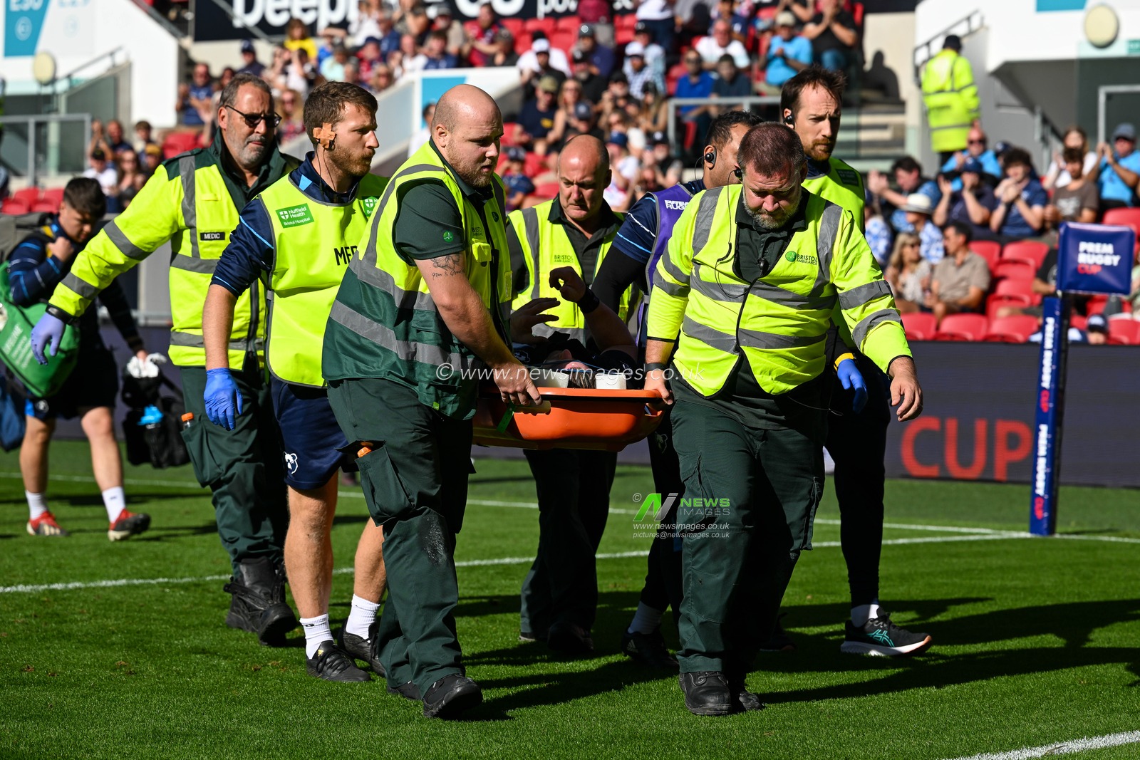 Harry Thacker of Bristol Bears is carried off the pitch by medical staff following an injury during the Prem Rugby Cup match Bristol Bears vs Gloucester at Ashton Gate, Bristol, United Kingdom on 05 September 2026

(Photo by Alex Williamson/News Images)