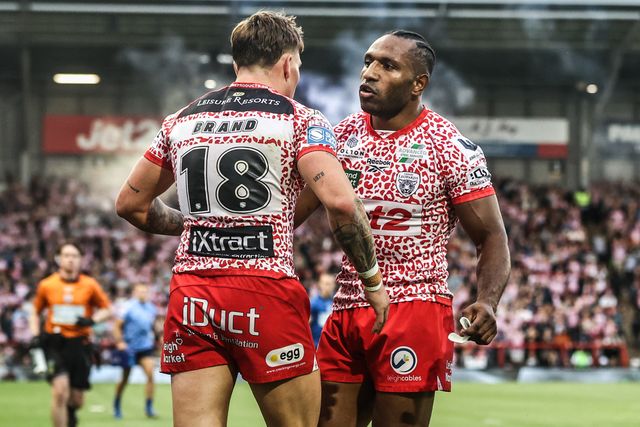 Keanan Brand of Leigh Leopards celebrates his try during the Betfred Super League round 21 match Leigh Leopards vs Leeds Rhinos at Leigh Sports Village, Leigh, United Kingdom, 7th August 2025

(Photo by Alfie Cosgrove/News Images)