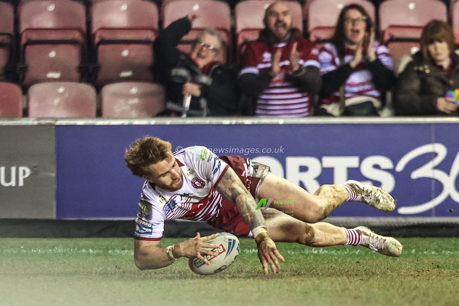 Adam Keighran of Wigan Warriors goes over for a try during the Betfred Super League round 5 match Wigan Warriors vs York Knights at The Brick Community Stadium, Wigan, United Kingdom on 19 March 2026

(Photo by Alfie Cosgrove/News Images)