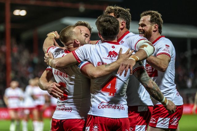 Mikey Lewis of Hull KR celebrates his try during the Betfred Super League round 6 match Hull KR vs St Helens at Sewell Group Craven Park, Hull, United Kingdom on 27 March 2026

(Photo by Alfie Cosgrove/News Images)